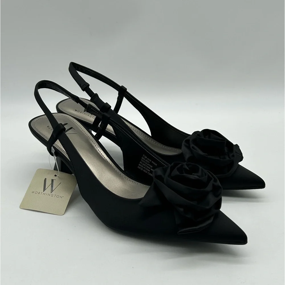 Worthington Rosie Black Slingback Heels with Rosette Size 7M Vegan New With Tag - Picture 5 of 9